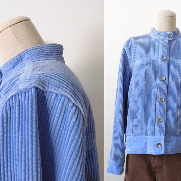 Size M Wide Wale Corduroy and Velvet Jacket Vintage 1990s 90s J Jill Periwinkle Blue Pastel Button Down Lightweight Spring Coat Cord