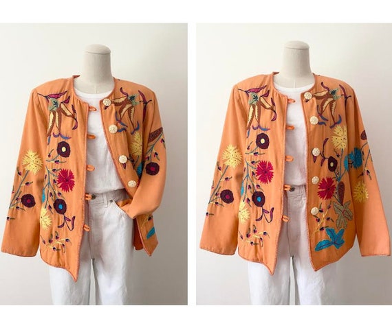 Size M Embroidered Jacket Vintage 1990s 90s Orang… - image 5