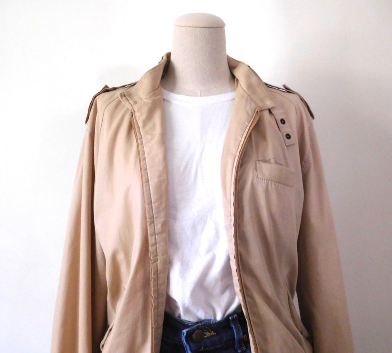 Size M Lightweight Bomber Jacket Vintage 1980s 80s Classic Iconic Beige Khaki Zip Front Coat Windbreaker Aberdeen image 4