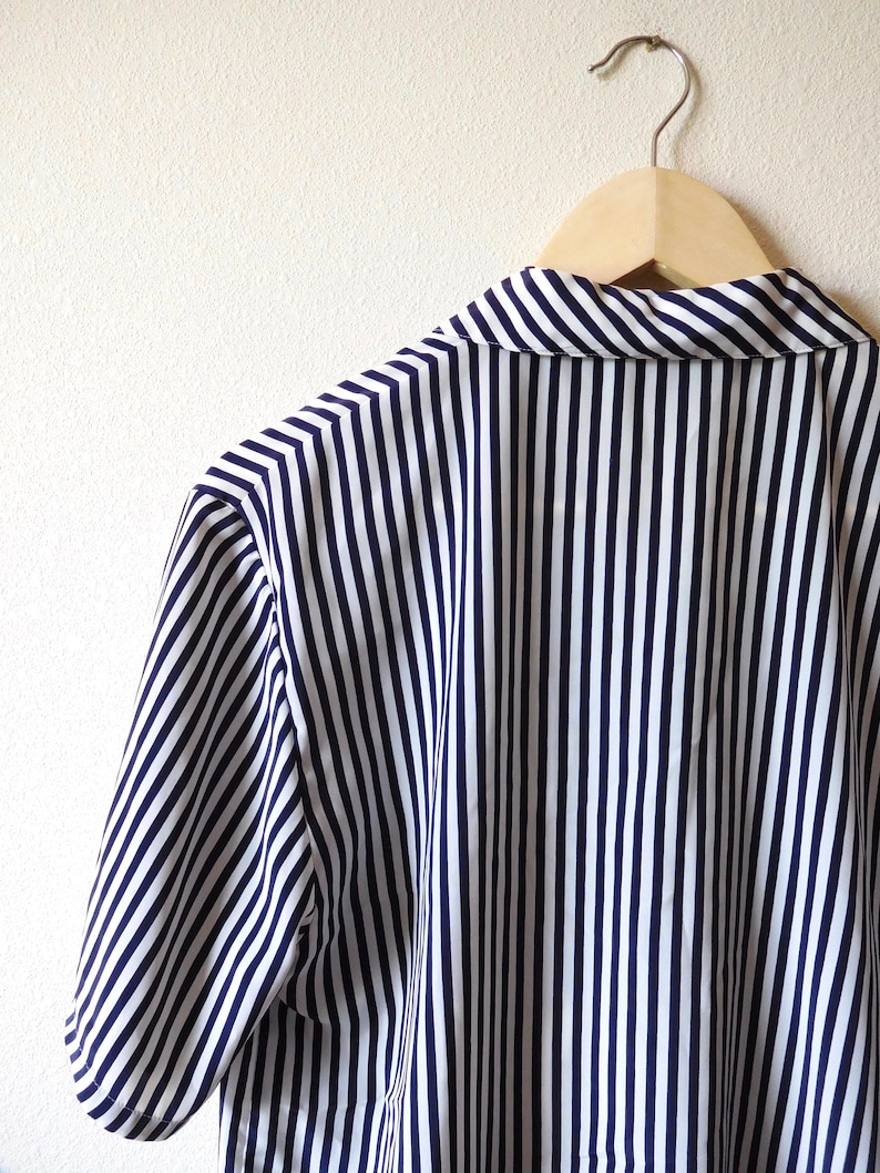 Size S M Striped Blouse Vintage 1980s 1990s Short Sleeves Stripes Boxy Button Down Shirt Square Collar