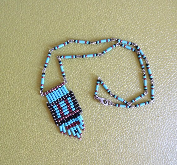 bolo necklace royal blue and gold necklace Long blue necklace blue beaded necklace with a brooch blue seed bead rope necklace for woman