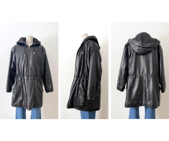 Size M Hooded Leather Parka Vintage 1990s 90s Hoo… - image 3