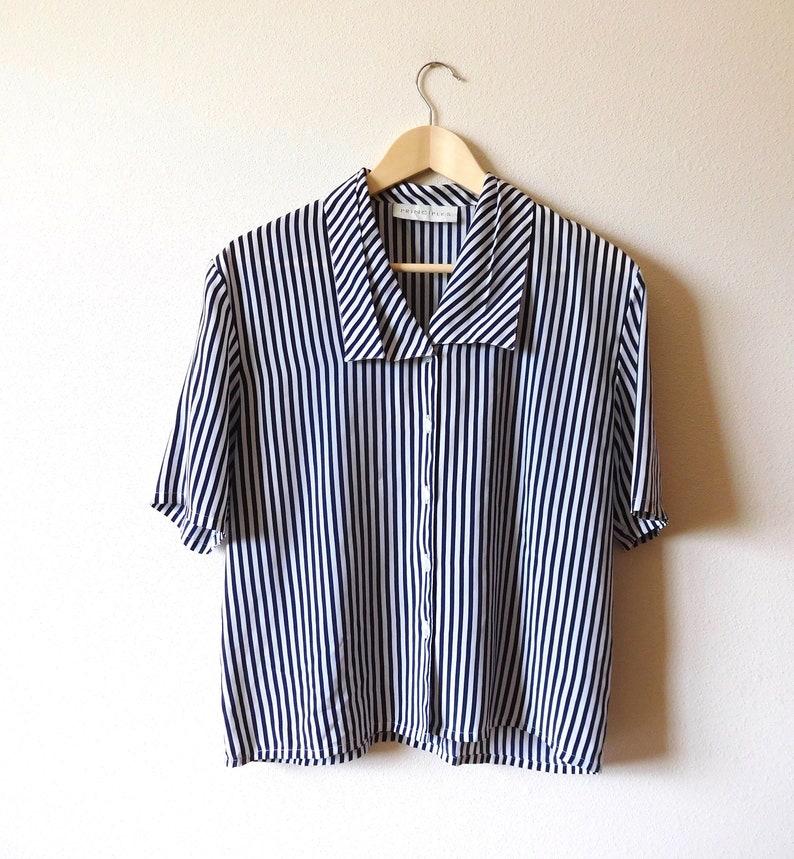 Size S M Striped Blouse Vintage 1980s 1990s Short Sleeves Stripes Boxy Button Down Shirt Square Collar
