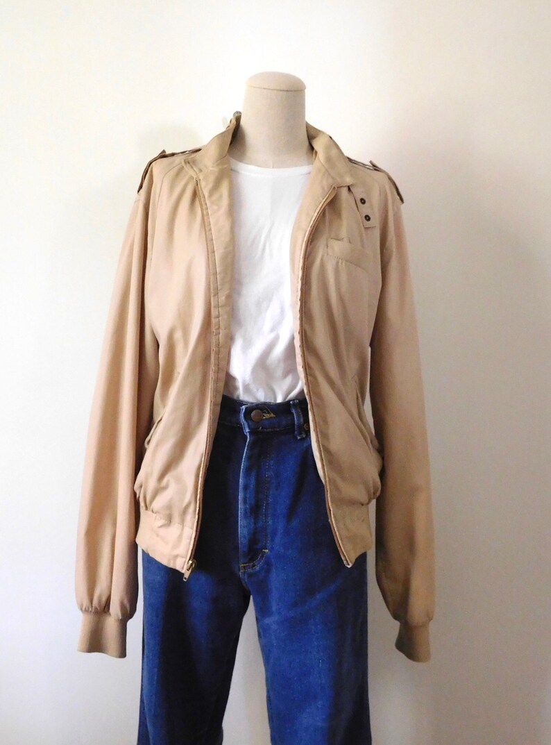 Size M Lightweight Bomber Jacket Vintage 1980s 80s Classic Iconic Beige Khaki Zip Front Coat Windbreaker Aberdeen image 6