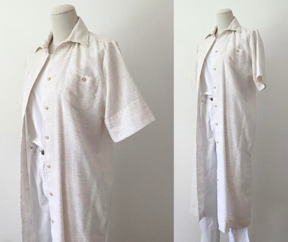 Size S Shirt Dress Vintage 1879s 79s Button Front Short Sleeves Woven Semi Sheer Cotton Calf Length Mid Length Beige Simple Collared Duster Etsy