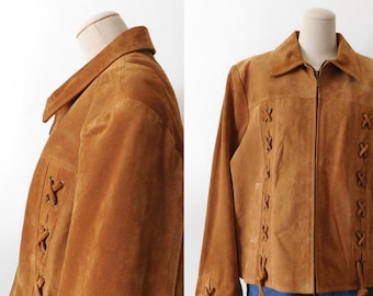 Size L Nubuck Leather Jacket Vintage 1990s 90s Lace Zip Up Classic Iconic Genuine Leather Coat Western Brown Tan