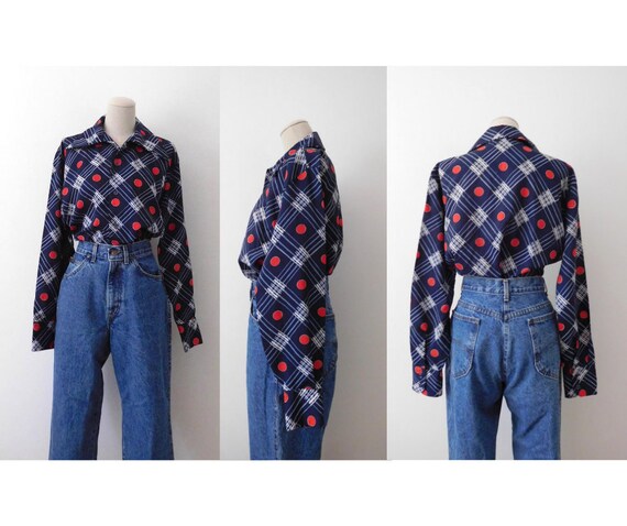 Size M Polka Dot and Plaid Top Vintage 1970s 70s … - image 3