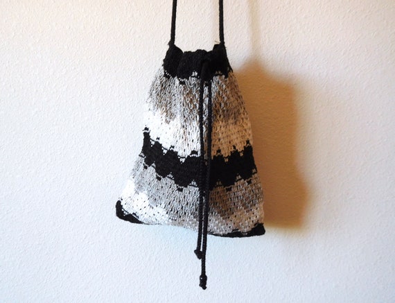 Crochet Pouch Bag Vintage 1990s 90s Black White G… - image 1
