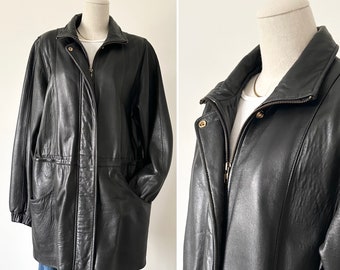 Size L Ultra Soft Leather Coat Vintage 1990s 90s Genuine Leather Gold toned hardware Drawstring Waist Long Jacket Zip front