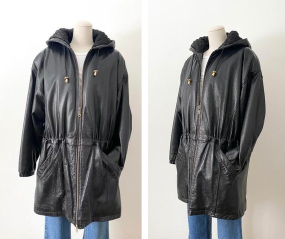 Size M Hooded Leather Parka Vintage 1990s 90s Hoo… - image 5