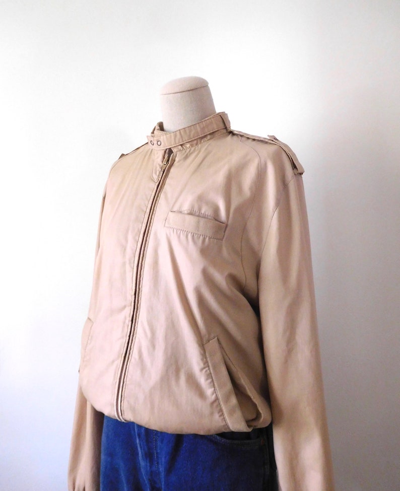 Size M Lightweight Bomber Jacket Vintage 1980s 80s Classic Iconic Beige Khaki Zip Front Coat Windbreaker Aberdeen image 8