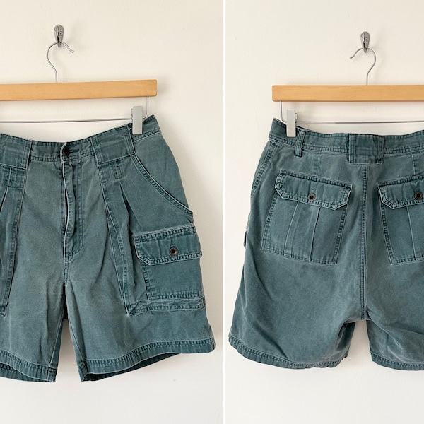 Waist 30 Eddie Bauer Green Camp Shorts Vintage 1990s 90s High waisted High rise Mom jeans Medium wash Iconic Cotton Jean Shorts Cargo