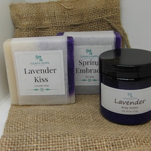 Any 2 Handmade Soaps and  any 1 lotion by Clean & Happy in burlap gift bag and gift tag (2 bars of soap and 1 lotion)
