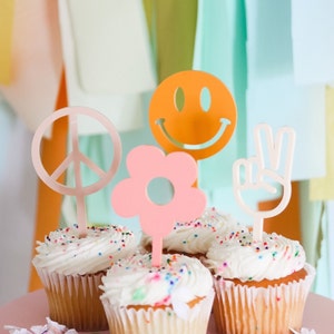 Retro Cupcake Toppers | Groovy Cupcake Toppers | Boho Cupcake Toppers | Smiley Face Cake Topper | Daisy Cake Topper | Peace Sign Topper