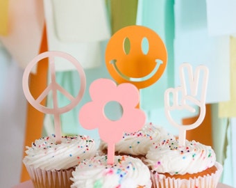 Retro Cupcake Toppers | Groovy Cupcake Toppers | Boho Cupcake Toppers | Smiley Face Cake Topper | Daisy Cake Topper | Peace Sign Topper