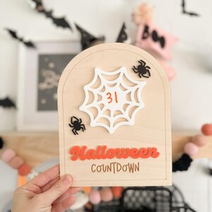 May include: A wooden Halloween countdown sign with a white spiderweb and the number 31 in orange. The sign also has the words "Halloween Countdown" in orange letters.