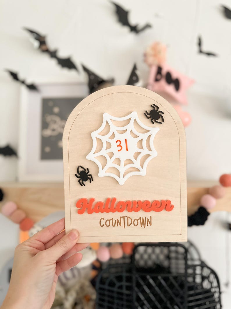 May include: A wooden Halloween countdown sign with a white spiderweb and the number 31 in orange. The sign also has the words "Halloween Countdown" in orange letters.