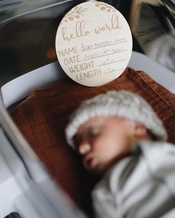 Wooden Hello World Baby Birth Announcement Sign - Newborn Details Board For Nursery Decor