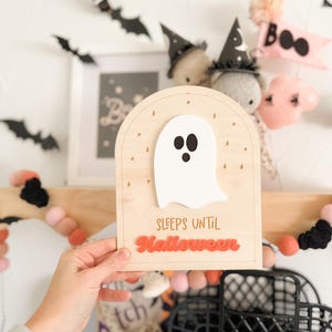 May include: A wooden sign with a white ghost and the text "Sleeps Until Halloween" in orange letters. The sign is decorated with small gold stars.