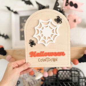 May include: A wooden Halloween countdown sign with a white spiderweb and black spiders. The sign is painted in orange and white and has the text "Halloween Countdown" written on it.