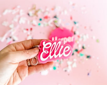 Hot Pink Cursive Doll Style Keychain Acrylic Bag Tag Keychain 3D KeyChain Acrylic Name Tag Bag Tag Lunch Box Tag Backpack Tags Kids Tag