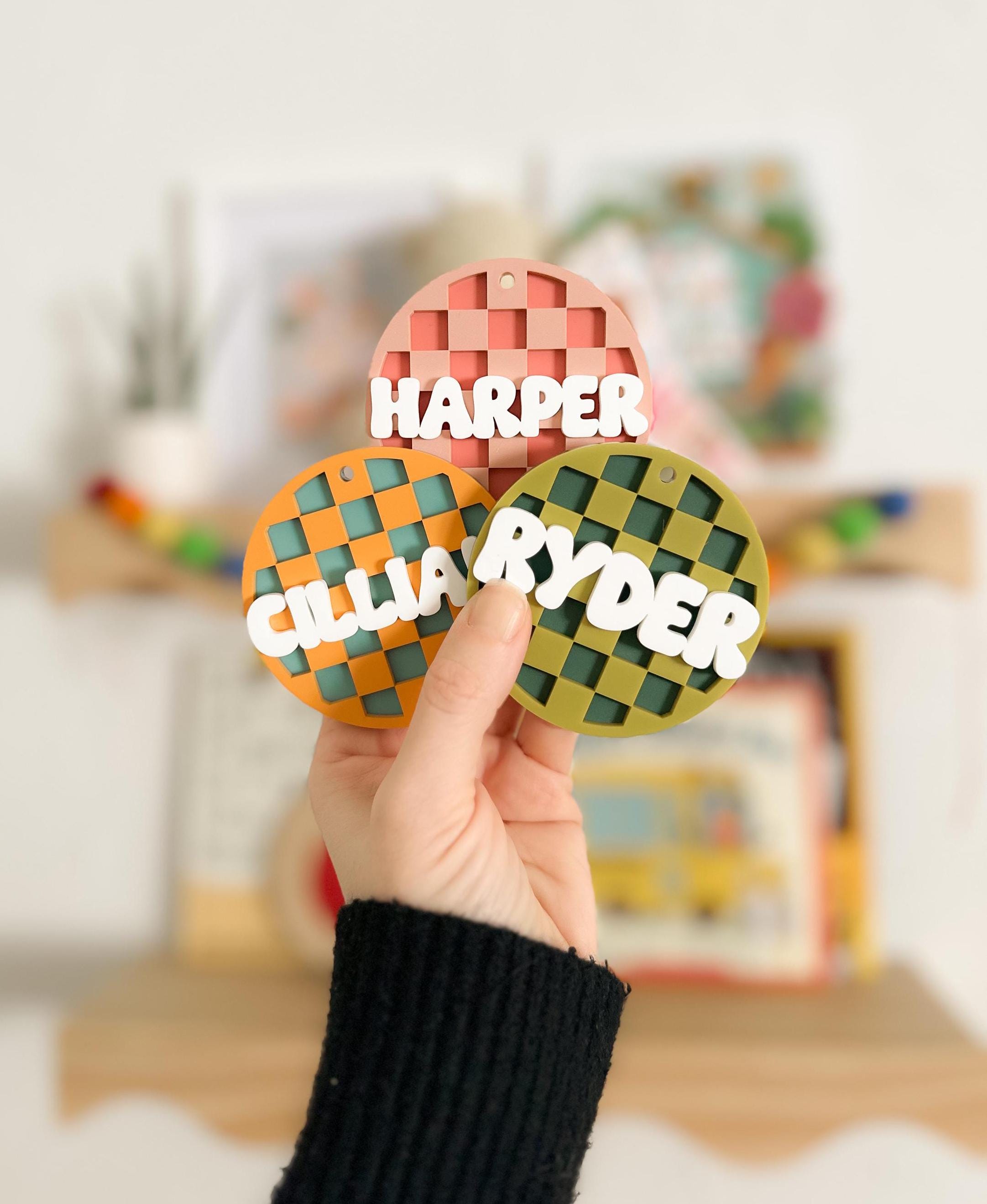 Checkered Acrylic Bag Tag 3D KeyChain Acrylic Name Tag Bag Tag Luggage Tag Diaper Bag Tag Lunch Box Tag Backpack Tags Kids Tag