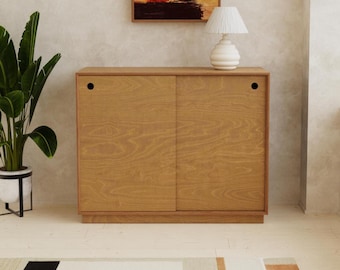 Modern Minimalist Storage Cabinet | Handmade Birch Plywood Cabinet with Sliding Doors | Custom Finishes Available
