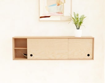 Minimalist Floating Cabinet with Sliding Door, Wall Shelf, Floating Storage, handmade birch plywood mid century Modern, Scandinavian style