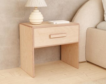 Sängbord i björkplywood med låda, handgjort nattduksbord i trä, skandinaviskt sidobord, minimalistiskt skåp i modern stil, 50-talsmodernt