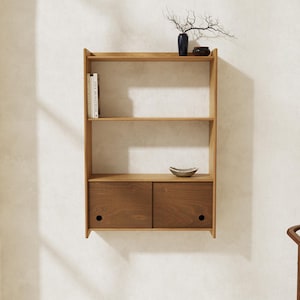 Floating Cabinet Shelf with Sliding Doors – Birch Plywood Wall mounted Shelf, Minimalist Bookshelf, Japanese Scandinavian Storage Unit