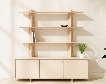 Modern Birch Plywood Shelving Unit with Textured Wave Back & Cabinet Storage – 3 Shelves, 3 Doors Bookshelf with Cabinet Doors