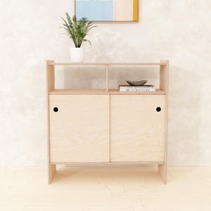 Scandinavian Sliding Door Cabinet  Minimal Plywood Console Table with Shelves | Custom Wood Finish Sideboard, Hallway or Living Room Storage