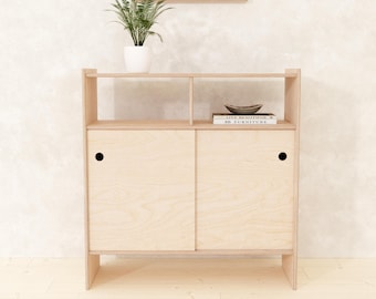 Scandinavian Sliding Door Cabinet  Minimal Plywood Console Table with Shelves | Custom Wood Finish Sideboard, Hallway or Living Room Storage