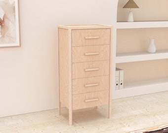 Cómoda de madera para el baño del pasillo del dormitorio, cómoda alta, madera contrachapada de abedul, hecha a mano, mediados de siglo moderno, escandinavo, japandi