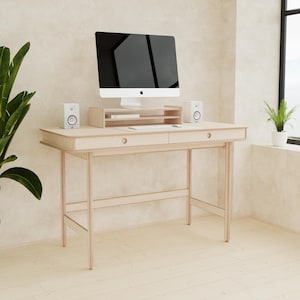 Handmade Minimalist Scandinavian Birch Plywood Home office Desk with 2 soft close drawers, japandi style