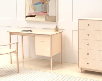 Handmade Minimalist Scandinavian Birch Plywood Home office Desk with a built in filing cabinet