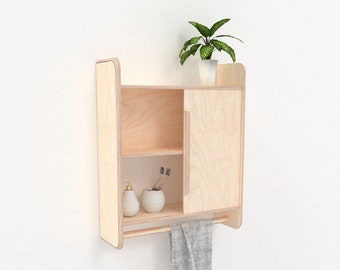 bathroom / kitchen cabinet with sliding door and towel rack, handmade birch plywood minimalist Scandinavian design mid century storage unit