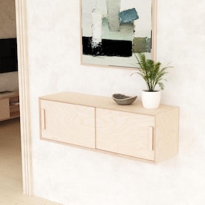 floating storage cabinet with sliding doors, handmade birch plywood mid century modern minimalist console table Scandinavian style