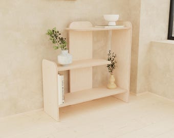 Birch plywood bookcase, Minimalist Wooden open shelving, Scandi plant display storage stand, Mid-Century modern design, 3 shelf version