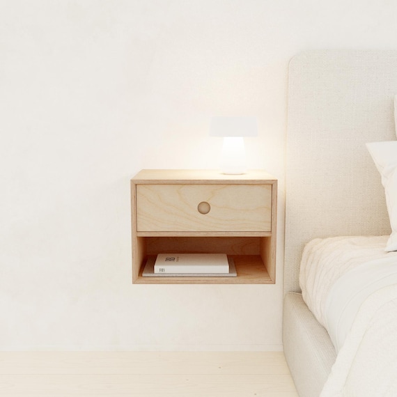 Floating Birch Plywood Bedside Table: Mid-Century Modern Wall Mounted Nightstand
