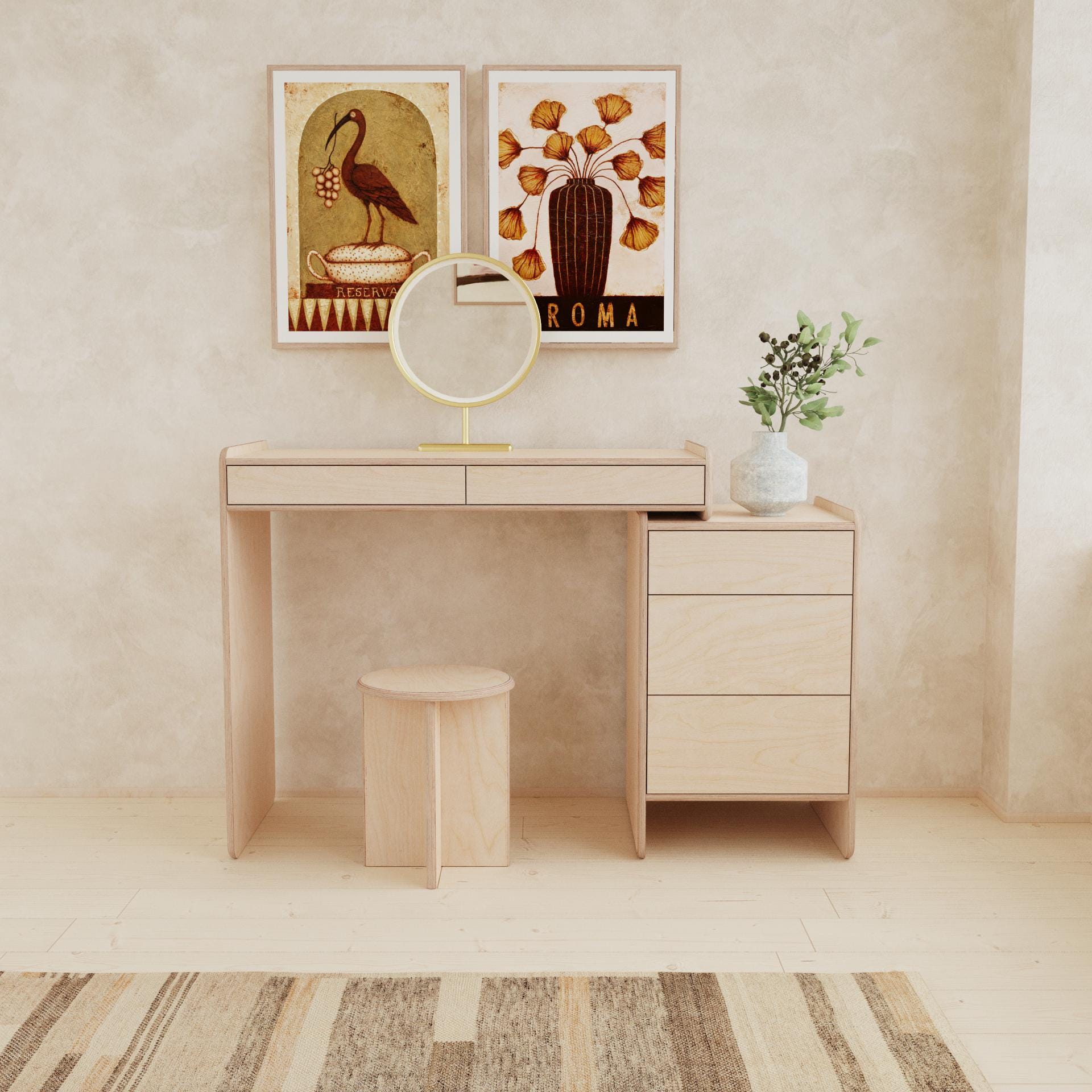 modern minimalist dressing table Modern Minimalist Makeup Vanity Table Set, Matte Sintered Stone  Tabletop,with Drawer, Stool,Pink
