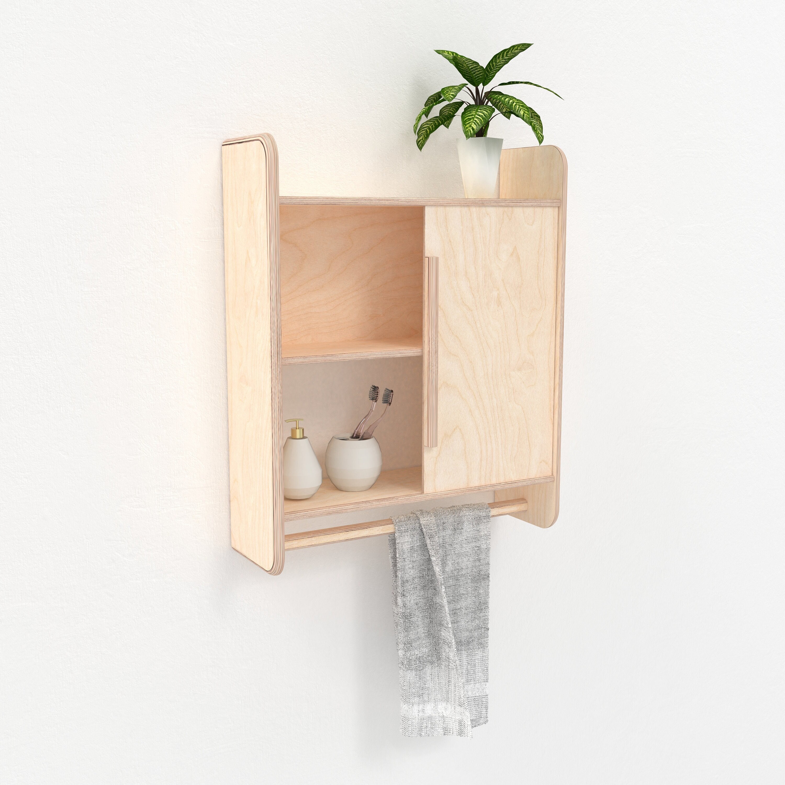 Meuble De Salle Bain/Cuisine Avec Porte Coulissante Et Porte-Serviettes, Contreplaqué Bouleau Fait Main, Design Scandinave Minimaliste, Élément