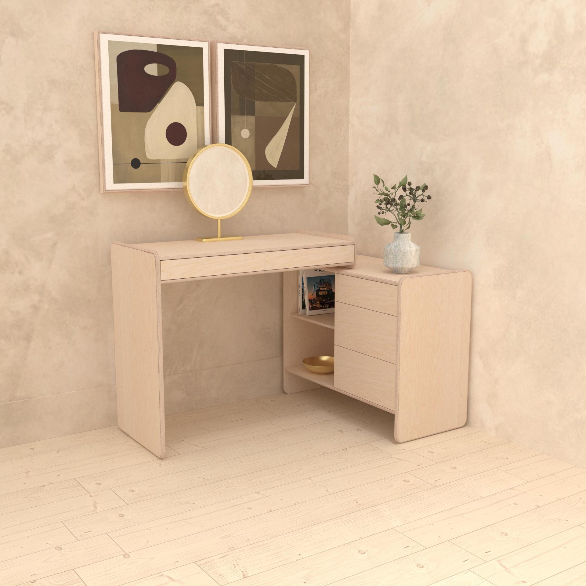 Birch Plywood Vanity Desk Scandi Style Mid Century Modern Cabinet