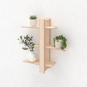 May include: A wooden wall shelf with four shelves in a geometric design. The shelves are made of light wood and are empty except for three potted plants.