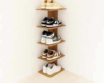 Modern space saving shoe rack made from birch plywood. floor standing flat pack minimalist sneakers display shelves, corner shoe storage