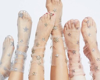 Glitter and Star Sock, Tulle Socks, Sparkly Socks, Mesh Socks, Sheer Socks, Transparent Socks, Trendy Socks, Chiffon Socks, Ultra thin Socks
