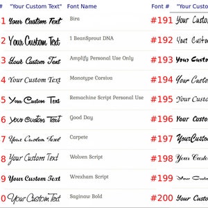 May include: A chart displaying various font styles, each with a sample text and font name. The text "Your Custom Text" is shown in different fonts, with font numbers and names listed in red. The fonts vary in style, from bold to script.