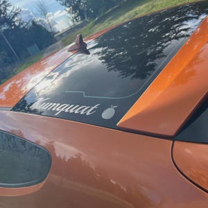 May include: Close-up of an orange car with a black roof. A white decal on the rear window reads "Kumquat" with a small fruit graphic. The car's paint reflects the surrounding environment.