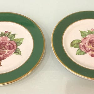May include: Two round ceramic plates featuring a white center with a pink rose and green leaves illustration. Each plate has a wide dark green border and a thin gold rim. The design is identical on both pieces, showcasing a floral motif.