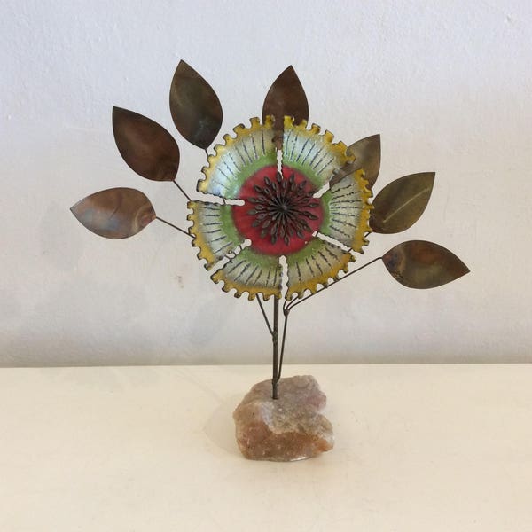 Curtis Jere copper and Enamel flower sculpture on natural stone base signed 1968 Mid Century Modern